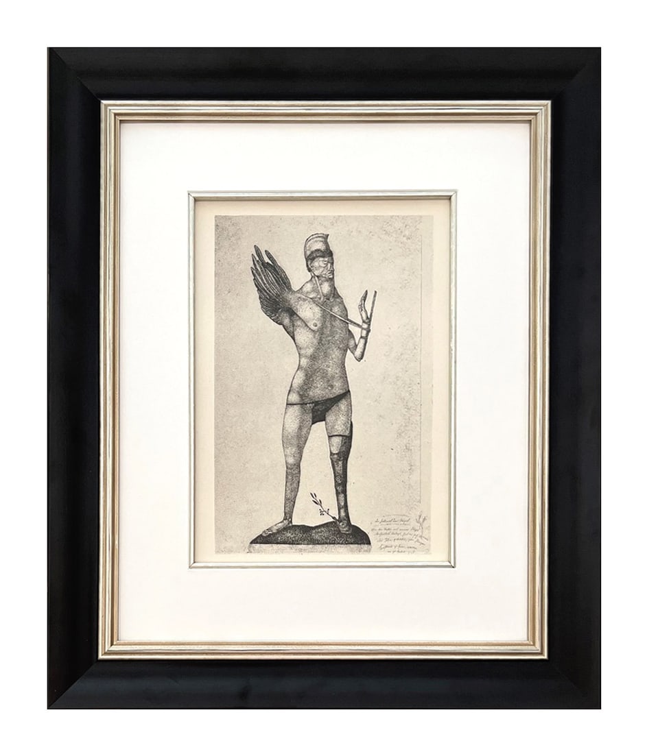1947 Paul Klee Engraving 5 The Hero with the Wing 1904: Artist: Paul Klee Country: Switzerland / Germany Title: The Hero with the Wings Medium: Engraving - 5 Printed: 1947 by Meriden Gravure Company Paper Size: Vellum 12 x 9 inches, same size as the