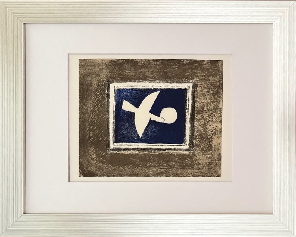 Braque Lithograph Astre Oiseau p108 Mourlot 1963 framed: Title: Astre Oiseau Artist: Georges Braque Country: France Medium: Lithograph Marks: Not signed, not numbered Paper size: Vellum 2.50 x 9.50 inches Printed: 1963 by Fernand Mourlot, France Provenance: