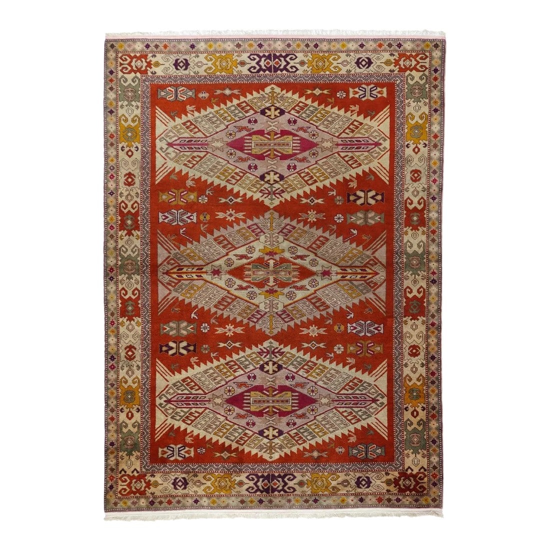 Vintage Turkish Wool Rug 4'10'' X 6'8'': The carpets, scatters, runners, long rugs and bags of the towns, villages and tribes of Anatolia, including: Oushak, Ghiordes, Kula, Ladik, Hereke, Konya, Melas, Bergama, Sivas, Kayseri and Yuruk. Eno