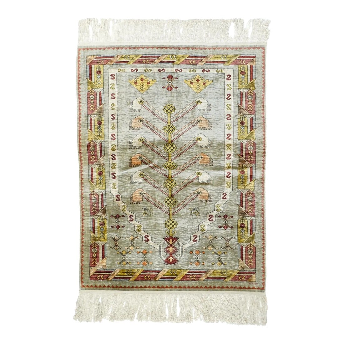 Extremely Fine Antique Turkish Silk Hereke Rug 2'6'' X 3'5'': Strictly for the wall, this extremely finely knotted, all silk Turkish Hereke creation, shows a niche design outlined in cream on a pale green field, with a central vigourous "tree of life". Red and y