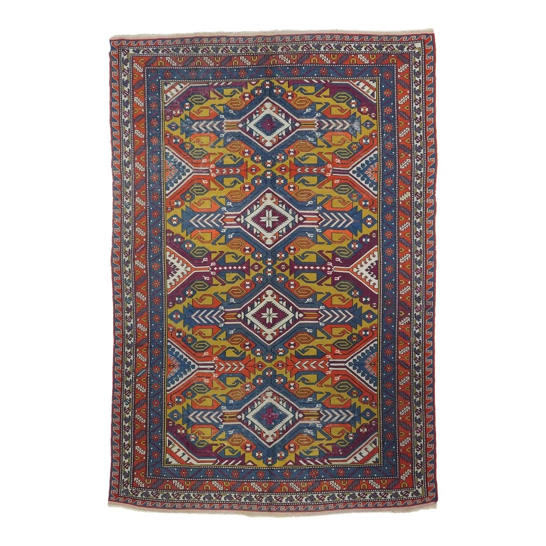 Vintage Turkish Sumak Rug 6'3'' X 9'4'': A technique rather than a specific type, in which warps are wrapped by colored wefts to create a pattern. Caucasian, Turkish, Persian and other types. Produces a flat surface, pileless rug which may b
