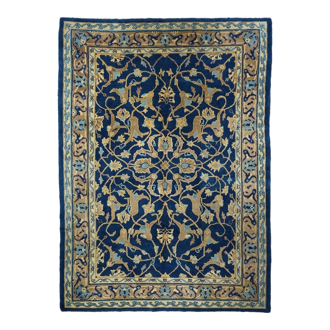 Antique Peking Chinese 7' x 9'8'': From the short Post-WWI period when Chinese weavers copied Persian pieces which were then in short supply. The dark blue field displays a two level arabesque and forked leaf pattern around a central f