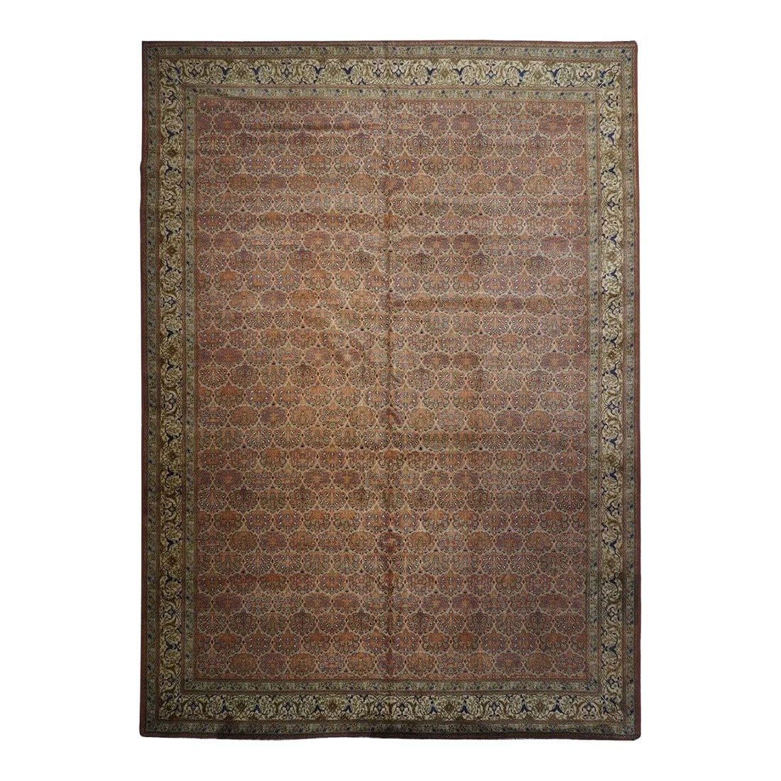 Antique Sivas Rug 10'9'' x 14'9'': This east Anatolian workshop carpet features a beige field closely patterned with offset, half-drop rows of uniform, tight floral bunches. Ecru main border with volute vinery, forked arabesques and sm