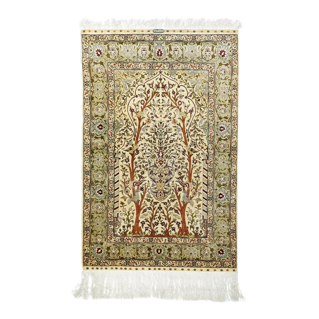Extremely Fine Turkish Silk Hereke Rug 3'4'' X 5'0'': This all silk, extremely fine urban, Turkish wall-hanging shows a cream niche with a central vase flanked by two full-height trees harboring small birds. Diagonally color-ribbed colonettes at the side