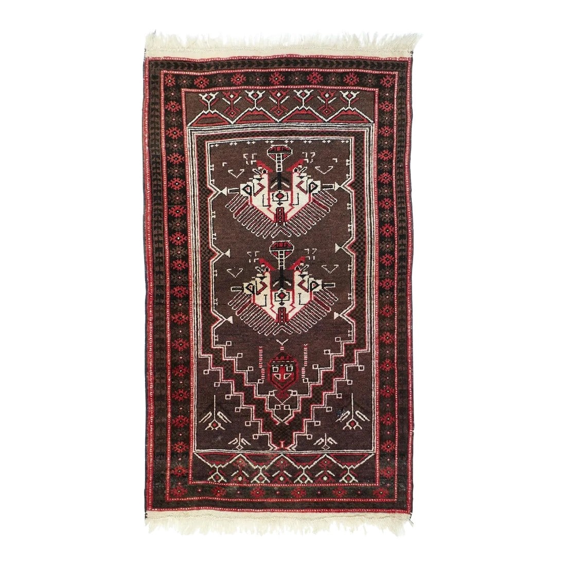 Vintage Tribal Afghan Rug 2'9'' X 5'0'': Creatively interpreting a central Turkish style with a stepped wine red floating niche, on a dark blue stepped field, with flowering spandrels and a floral panel at each field end. Two large