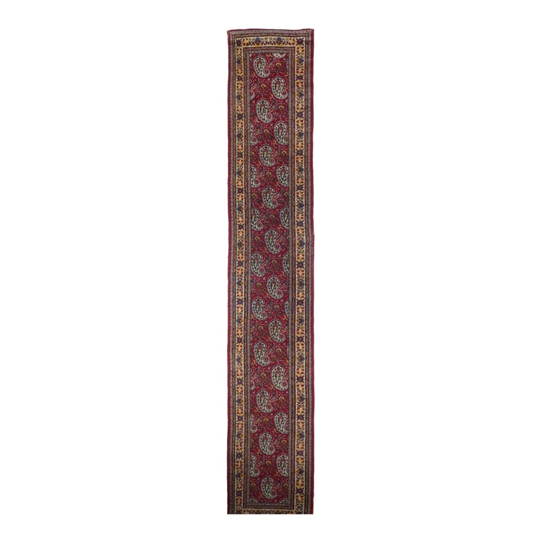 Fine Antique Turkish Sivas Long Rug 2'9'' X 16'0'': The wine red field is covered by a unidirectional pattern of smooth, rounded off-white botehs, with a small flower and leaf pattern repeated between. Straw-sand main border with palmettes, rosettes