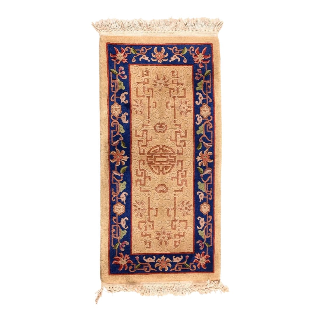 Vintage Chinese Rug 2'0" X 4'2'': The straw beige field shows a red Shou (Good Luck) round medallion embedded in an end-to-end fret work accented with paeonies. Royal blue border with lotus palmettes, arabesques and vestigial