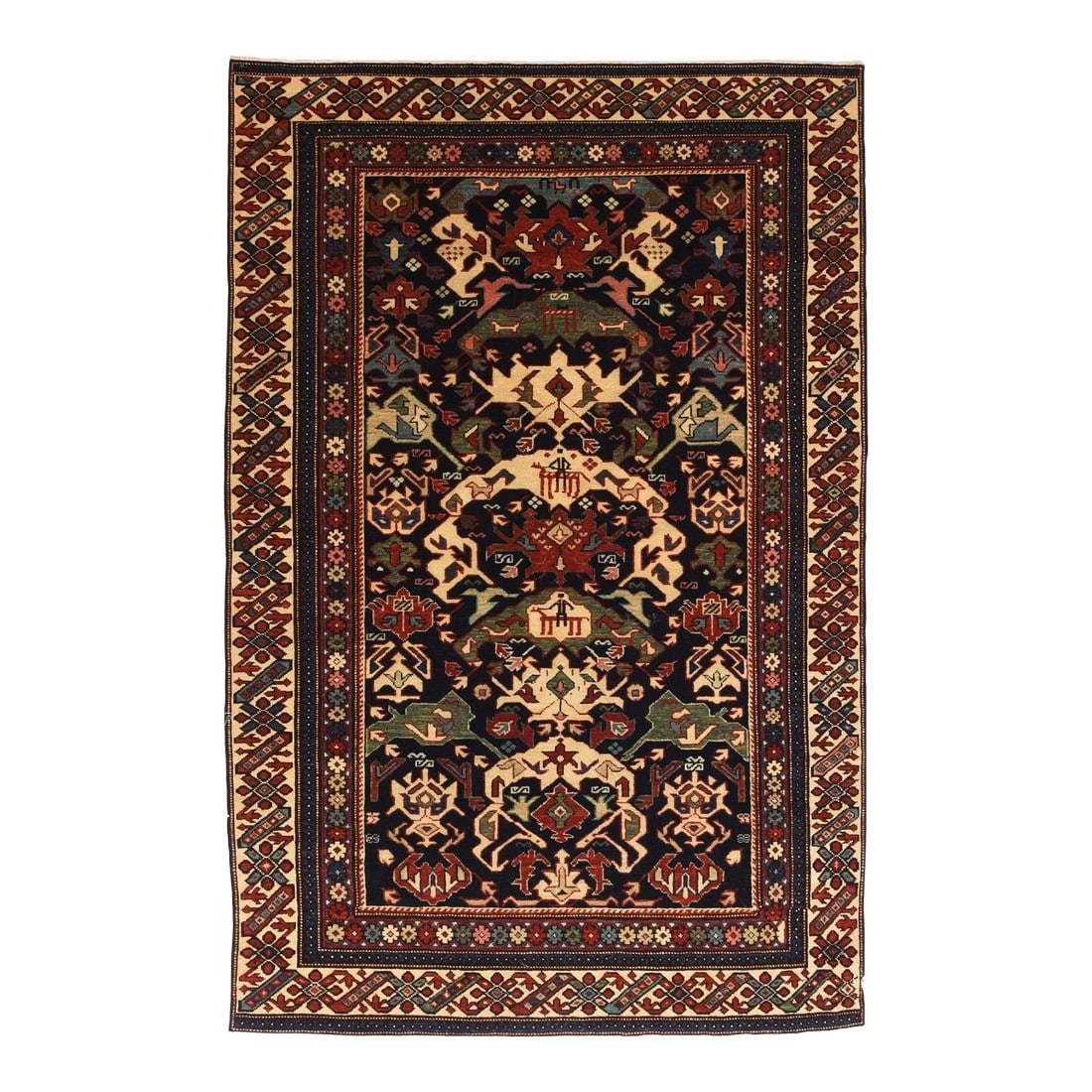 Vintage Shirvan Rug 4'0'' x 6'3'': This east Caucasian, moderately finely woven, good condition scatter combines an ivory ground rosette and diagonal bar border taken from Kuba Chi-Chi rugs, with a dark blue field decorated by a comple