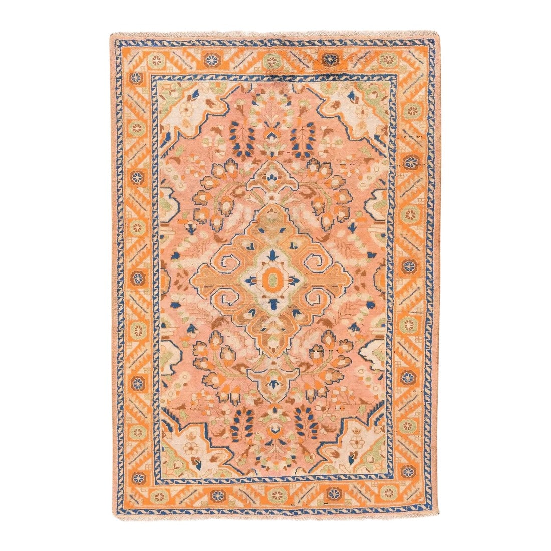 Vintage Tabriz Rug 4'2'' X 6'6'': Northwestern Persia This urban carpet clearly shows a Heriz influence, with its semi-geometric drawing of a buff octofoil medallion centred by a light blue concentric sub-medallion. The ragged palette
