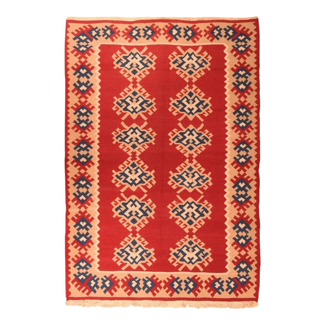Indian Kilim Rug 4'0" X 6'0": The red field sports a six medallion, two column pattern in dark blue, ivory and pale green. The hooked medallions relate to palmettes in 19th/20th century Oushaks. Lime border with very simplified ta