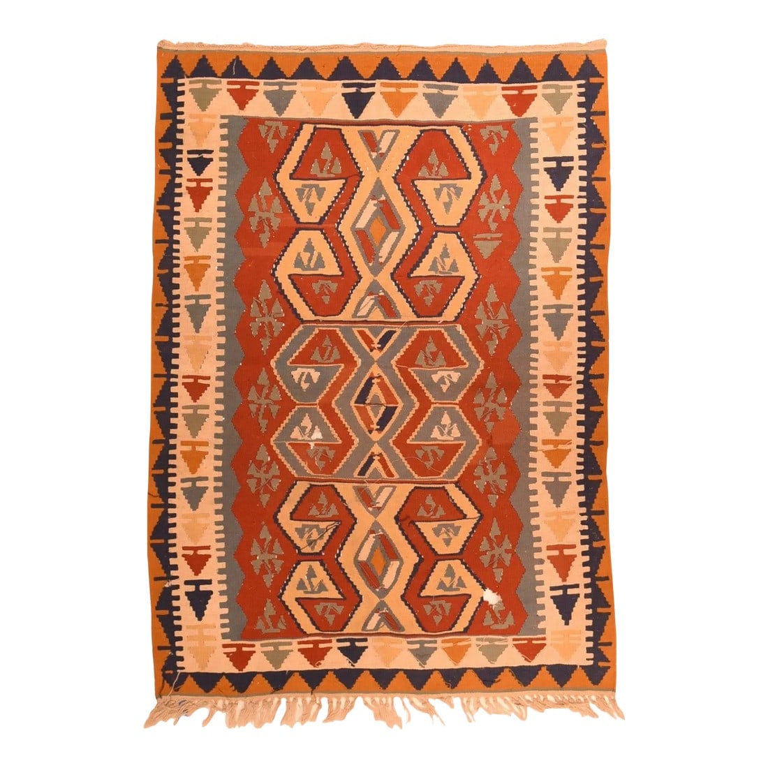 Vintage Turkish Kilim Rug 3'2'' X 5'3'': This moderately woven, slit-tapestry piece shows a rust-red field displaying three stacked giant hooked lozenges in green and straw. Green zig-zag triangle border on sides. Main ecru border of various