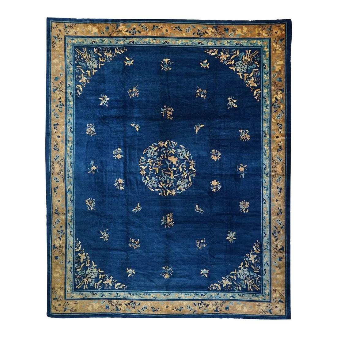 Antique Chinese Rug 9'11'' x 13'3'': The sapphire blue field shows a round, open medallion with floral stems arranged around a micro-landscape. Short floral sprays float in the field. Triangular open corners echo the medallion. Main buff