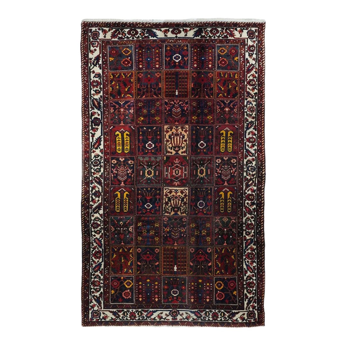 Vintage Bakhtiari Rug 6'7'' X 10'11'': This Chahar Mahal west Persian rustic carpet features the most characteristic local layout of a windowpane design, here in a five by nine array in creamy-straw, red and navy, with crisp yellow accents