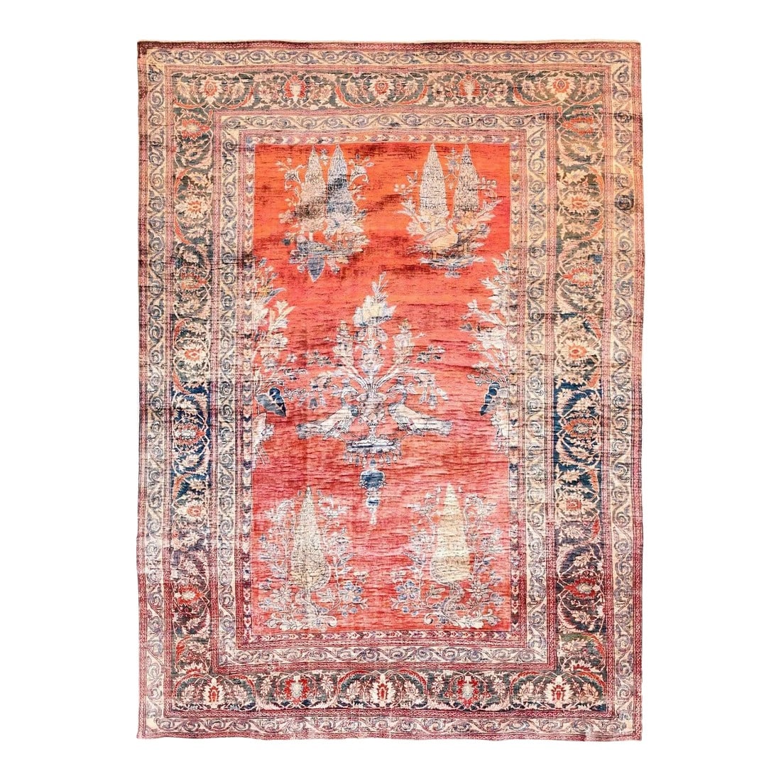 Antique Silk Heriz Rug 4'6'' X 6'4'': This very finely woven, well-preserved NW Persian antique scatter presents a rust field with five full vignettes: a central vase, iris, and twin bird composition; lower pair with cypresses and serpent