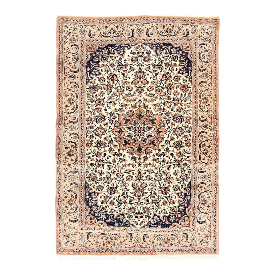 Vintage Nain Rug 3'9'' X 5'6'': Production began in the 1930's in the central Persian town of Nain, and this small scatter is characteristic of the very fine pieces from the 1960's. The soft salmon-rose round octogramme medallion