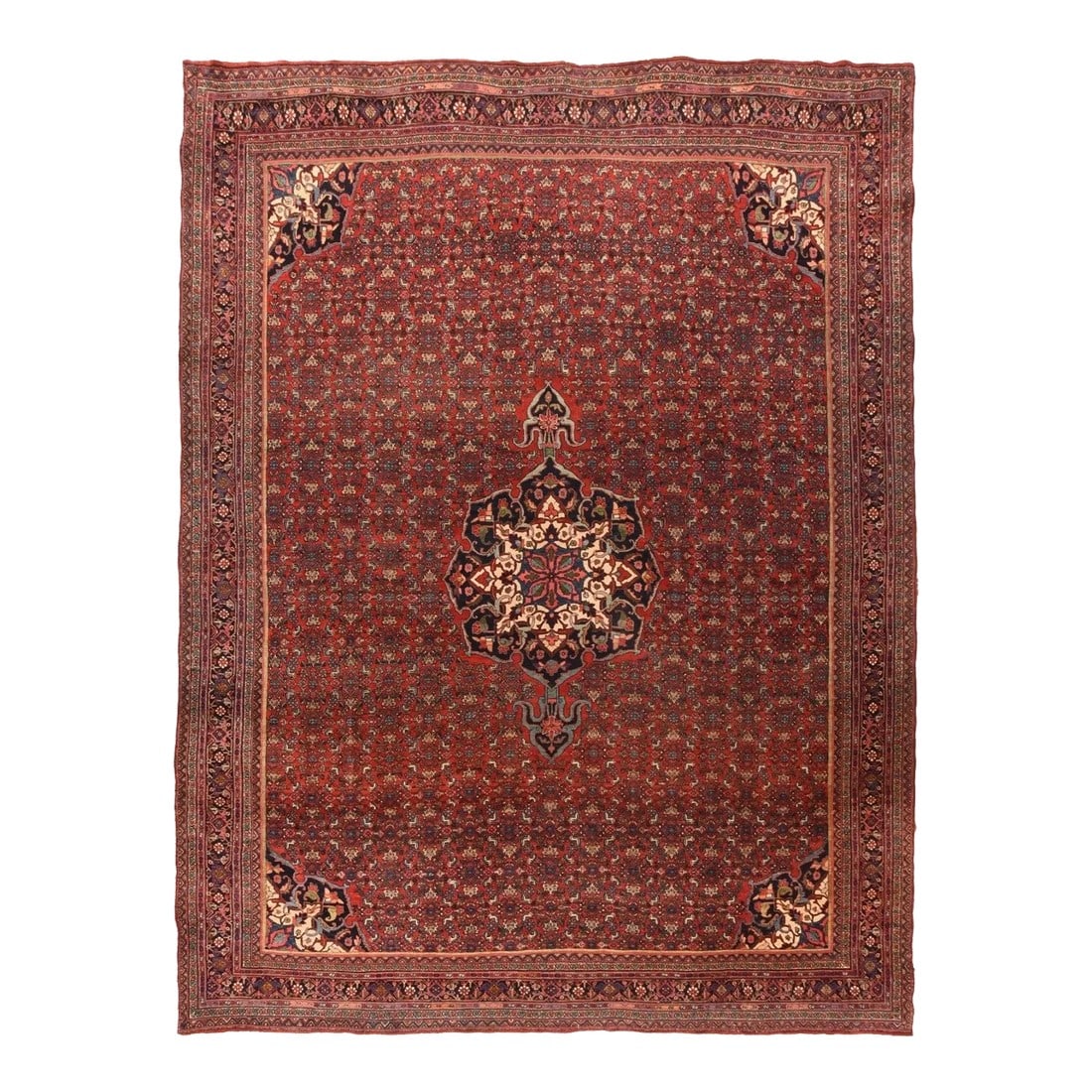 Antique Bidjar Rug 9'0'' x 12'1'': This relatively modern, west Persian Kurdish city carpet on cotton retains the traditional board-like hands and ultra-compact weave. The scarlet field is closely patterned with a small, repeating Hera