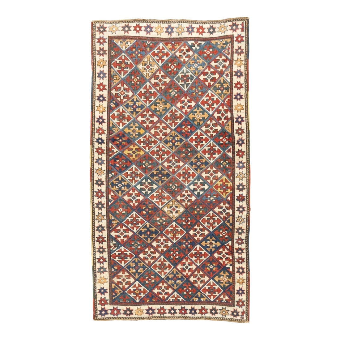 Late 18th Century Antique Caucasian Kazak Rug 3'9'' x 7'2'': SW Caucasus/Armenia. Boldly patterned, strongly colored, totally geometric, all wool, coarse to moderate weave, medium to long pile, scatter format pieces, in medallion, allover and prayer (directiona