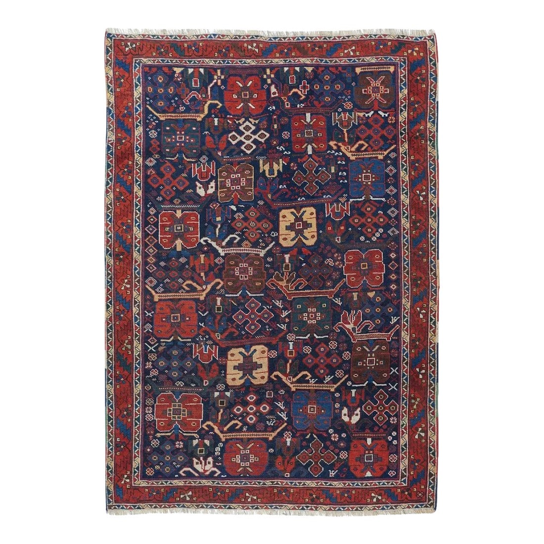 Late 18th Century Antique Afshar Rug 4'1'' x 5'8'': One of the most popular Afshar tribal design, this version on a navy field shows nine offset sections of a linear repeat of chunky rosettes, balanced crosses, broken stems and various fractional