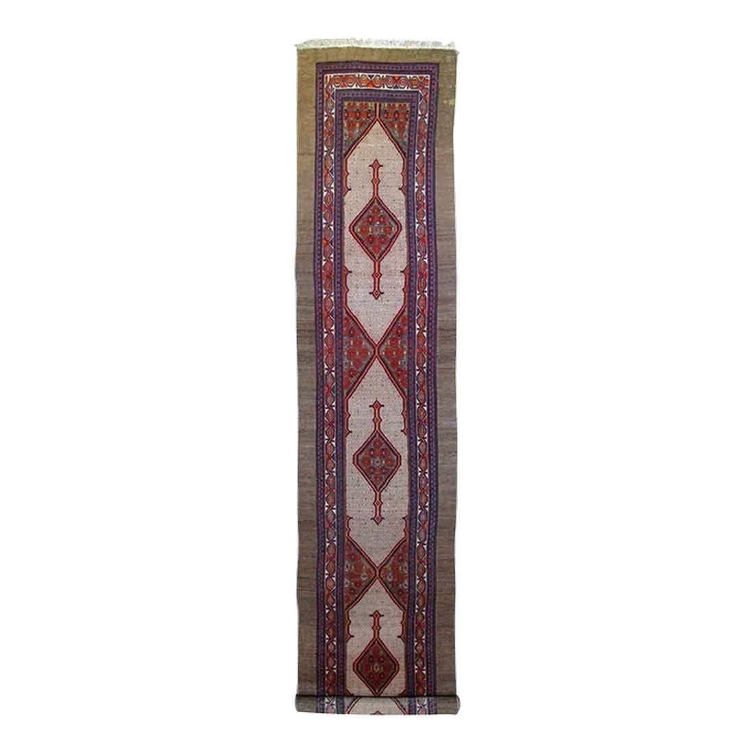 Antique Sarab Runner 3'3'' x 16'0'': Clearly in the Sarab style, but on cotton, with three camel tone and cream textile pattern tall hexagonal sub-fields uniformly centring camel medallions with slender, pointed extenders.