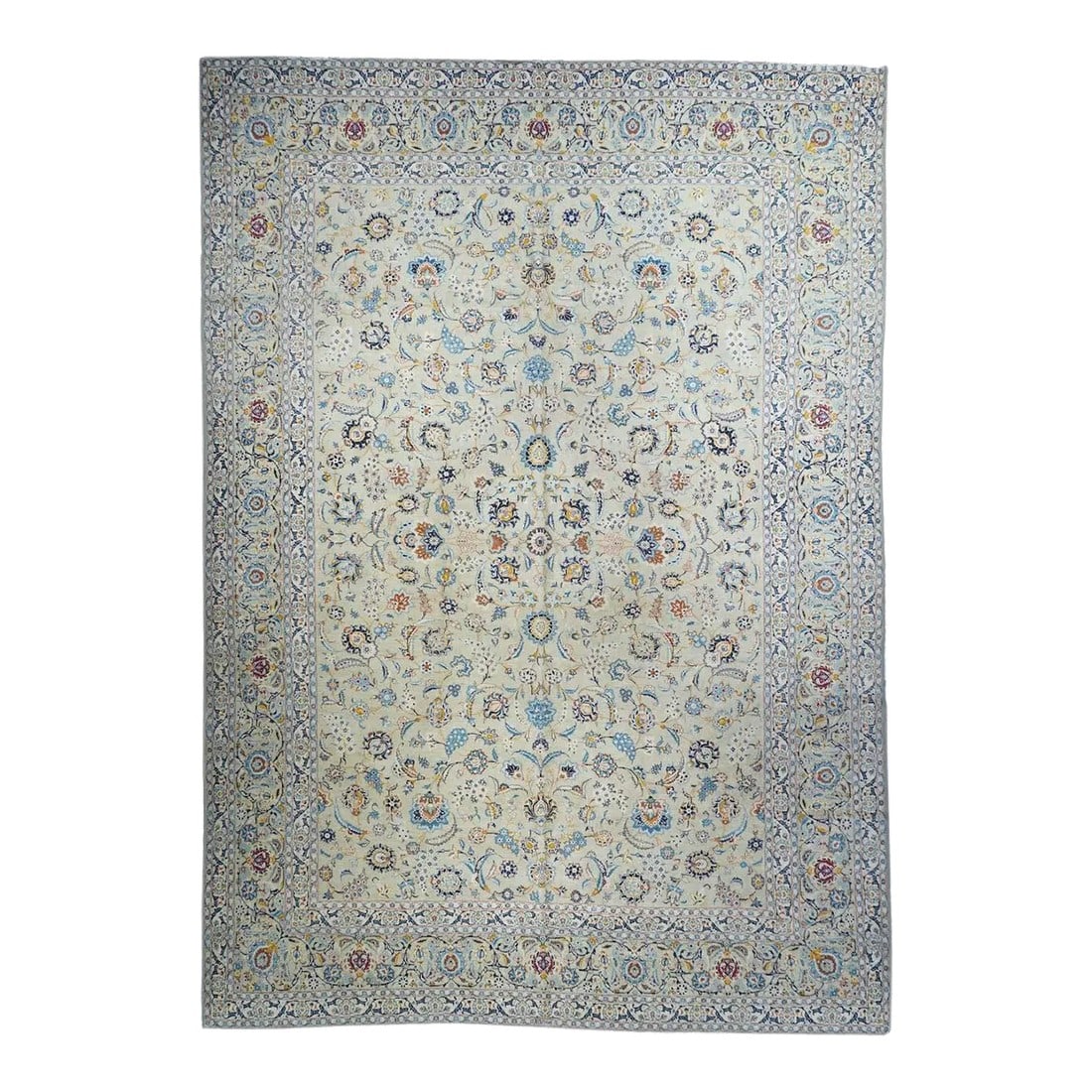 1960s Vintage Kashan Rug 10'8'' x 15'3'': The flesh field shows an amazingly disciplined array of small palmettes, curved leaves, racemes, wiry vinery and grape bunches. The main border is tonally en suite, with the addition of a bolder,