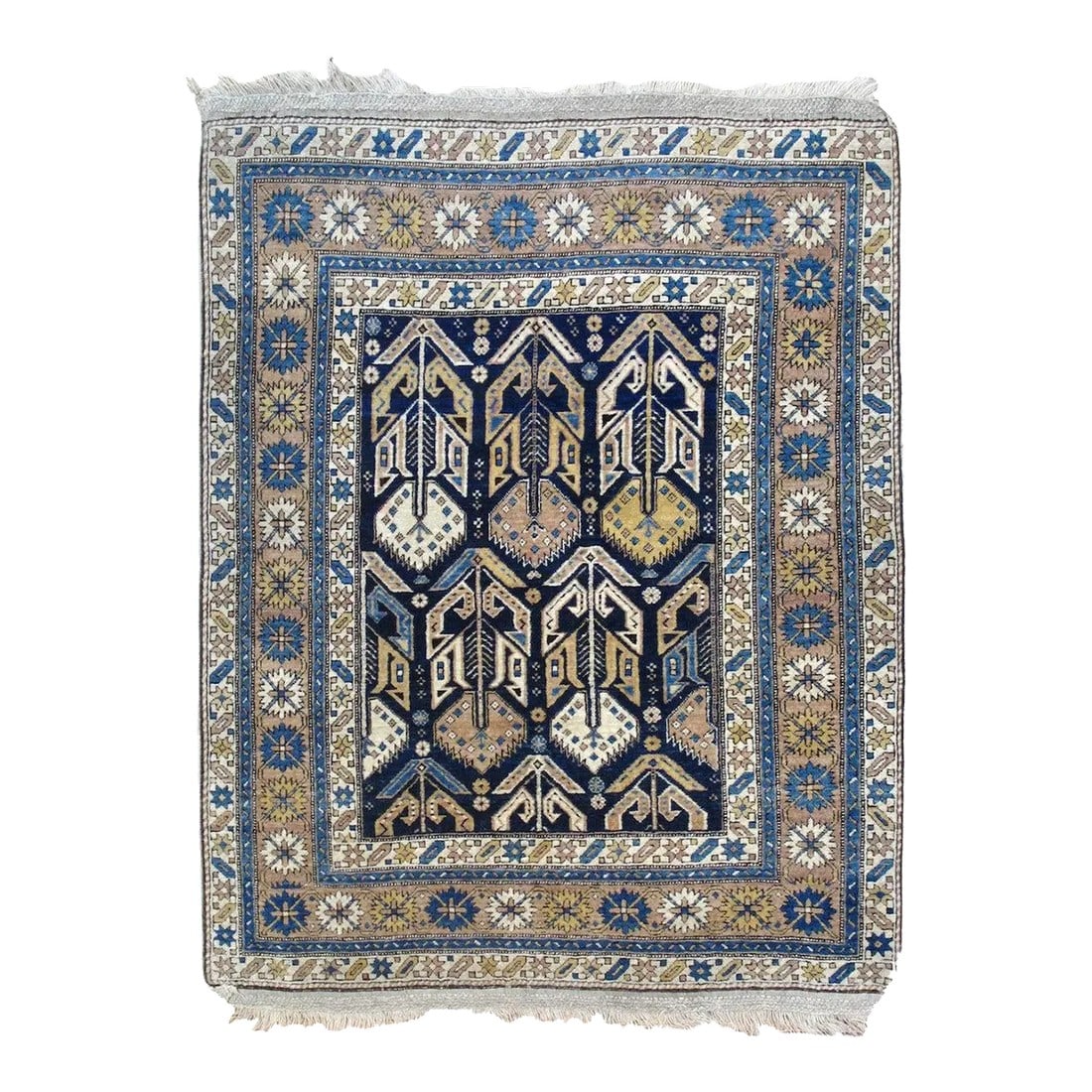 Antique Shirvan Rug 3'5'' x 4'1'': The navy field show two and a fraction offset rows of geometric flowerheads and conforming leaves, accented in coral rose, medium blue, cream and mustard goldenrod. Coral-rose main border= of