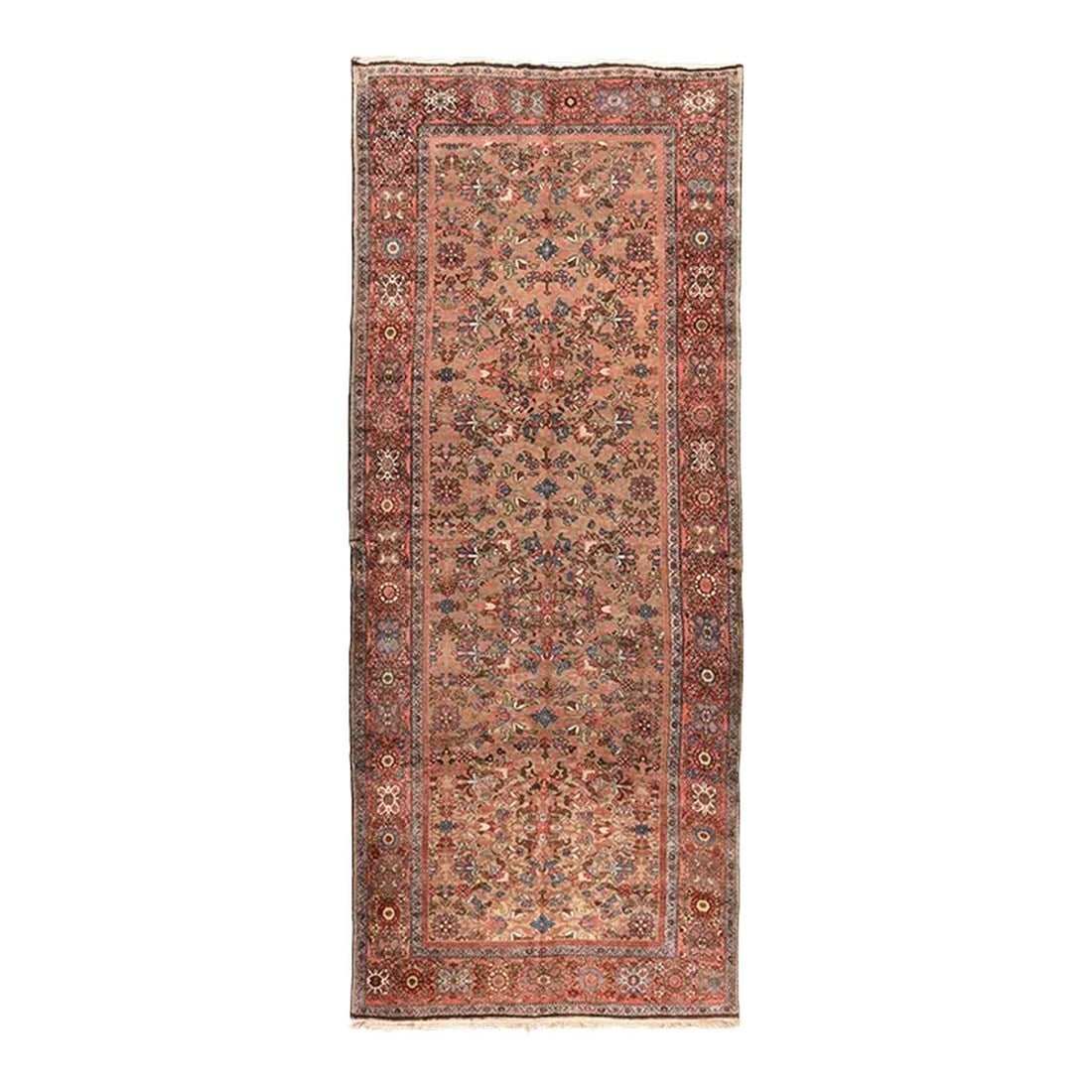 Antique Malayer Rug 5'10'' x 13'10'': The noticeably abrashed salmon-camel field shows a fairly close pattern of palmettes, rosettes, pointed small crosses and short stems, all in shades of light blue, straw yellow, cream, rust, powder