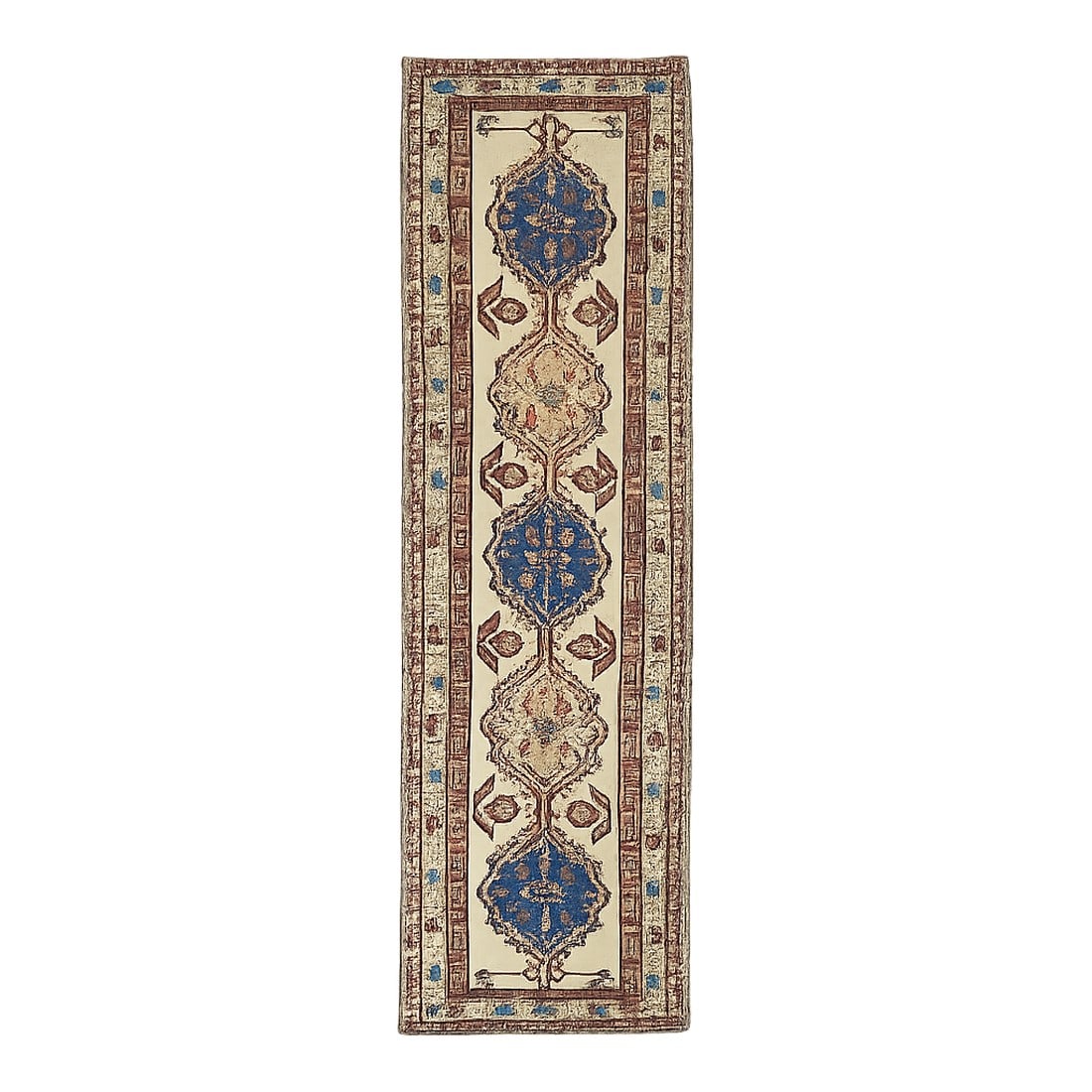 Antique Persian Sarab Runner 3'0'' X 10'9'': The milky camel field shows a pole medallion of five cartouches alternating in dark blue and straw, with hooked edges and stylized floral lateral fillers. Main border with fringed squares and formal