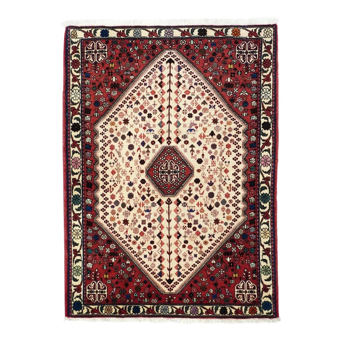 1960s Vintage Bidjar Rug 3'5'' x 4'9'': Not a Bidjar, but a well- made village piece with a red field, Qashghai knots in the corners, a cream sub-field filled with small, floating floral and geometric elements and centred on another knot