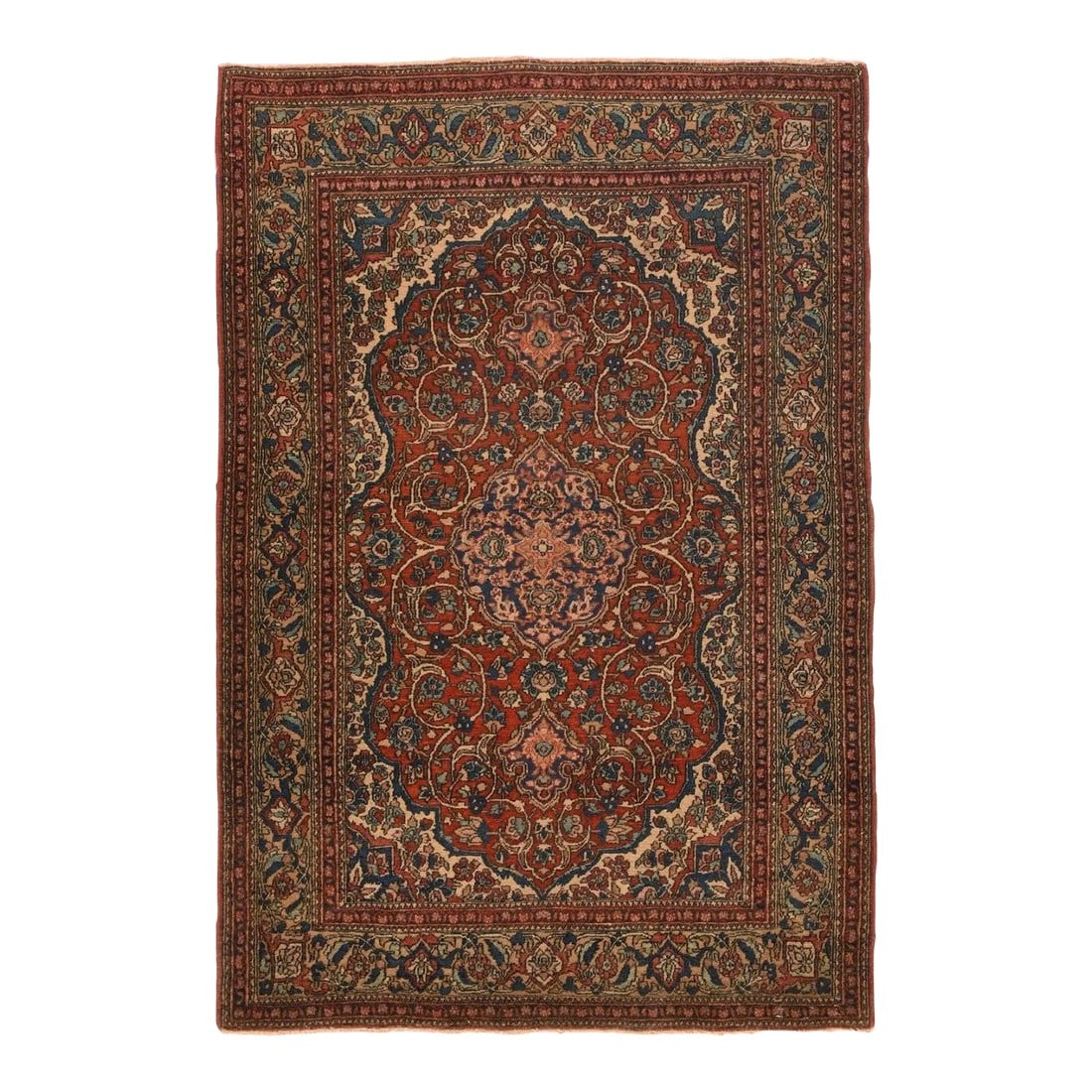 Antique Isfahan Rug 3'4'' x 4'11'': This city scatter is developed in the "book cover" pattern with a shaped red field hosting bold acanthus split volute scrolls around a navy, gently scalloped ogival medallion. The cream corners are