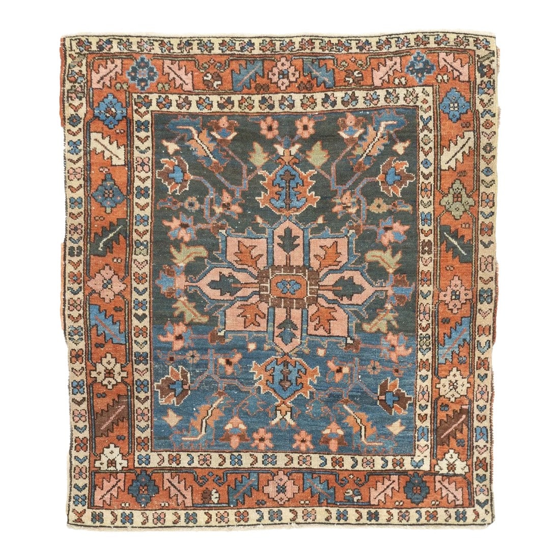 Antique Persian Heriz Rug 4' x4'5'': Here is a little Heriz scatter with all the power of a larger carpet. The densely abrashed sapphire indigo field centres a straw octogramme medallion with eight simpler radiating palmettes. Leaves