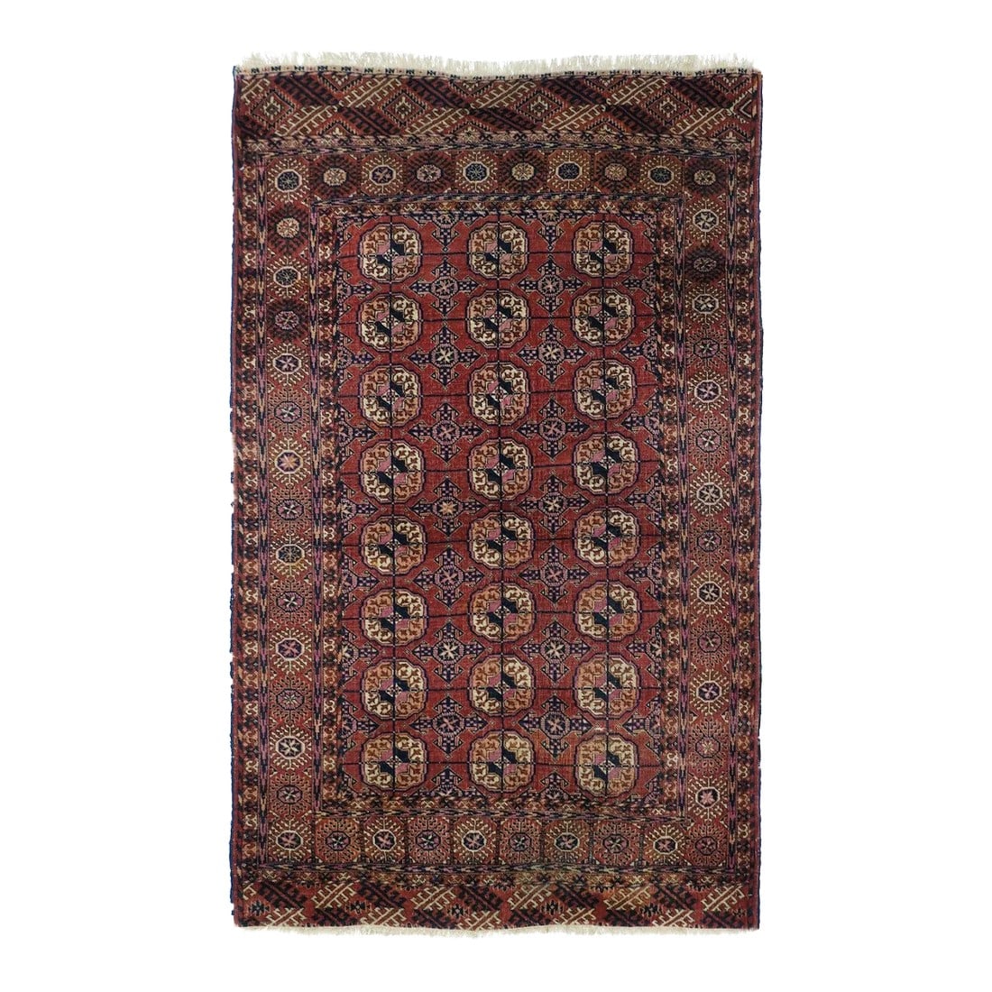 Antique Turkmen Rug 3'8'' x 5'10'': This nomadic galitcha (small rug) shows a totally characteristic red field, with three columns of eight quartered Tekke guls and appropriate kurbagh minor guls between. Red border of stellate fringed