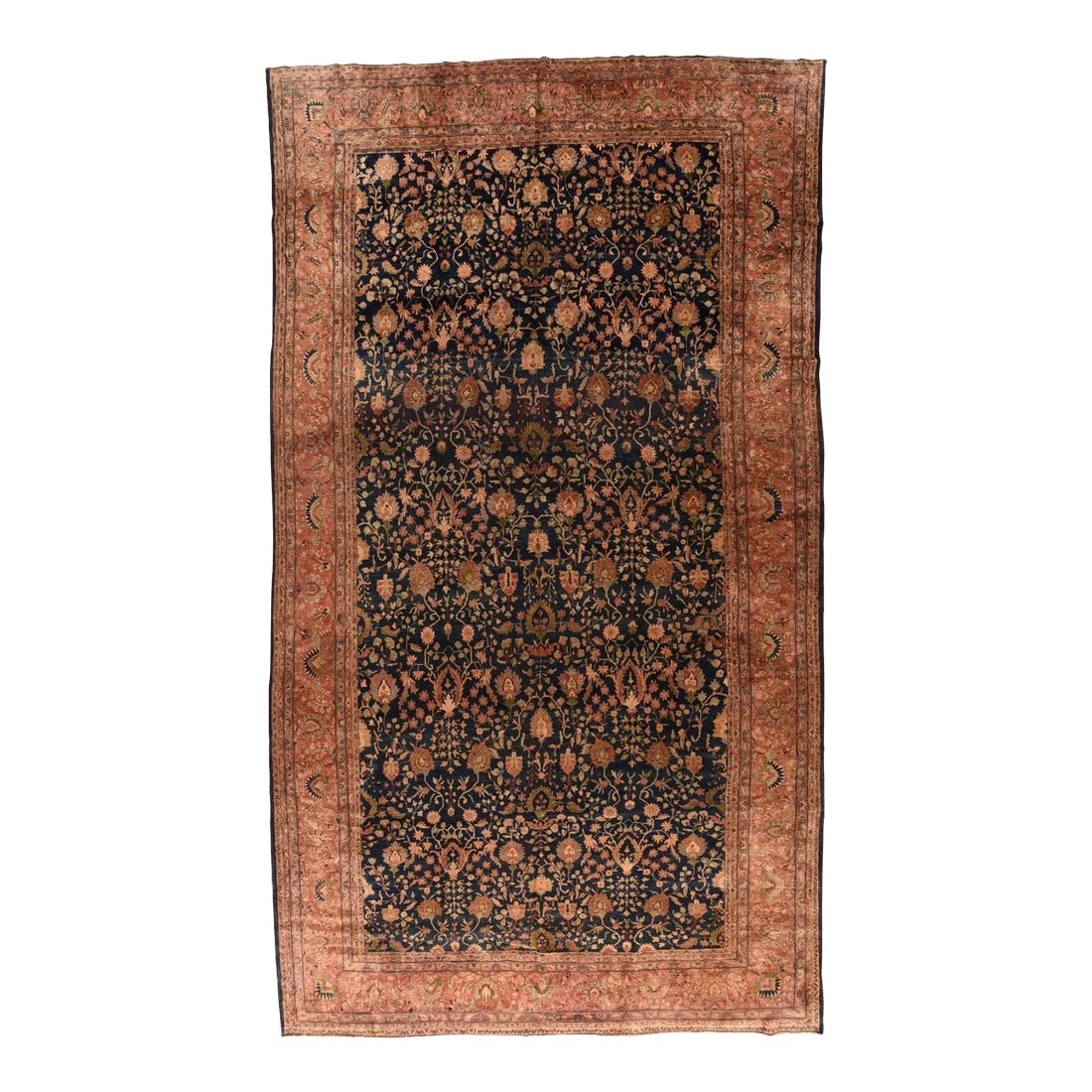Antique Sarouk Rug 10'2'' x 17'0'': This particularly creative West Persian large carpet shows a navy ground evenly covered by a palmette, spiky rosette, bent stem, and flowering plant allover pattern accented in green, rust salmon, cre