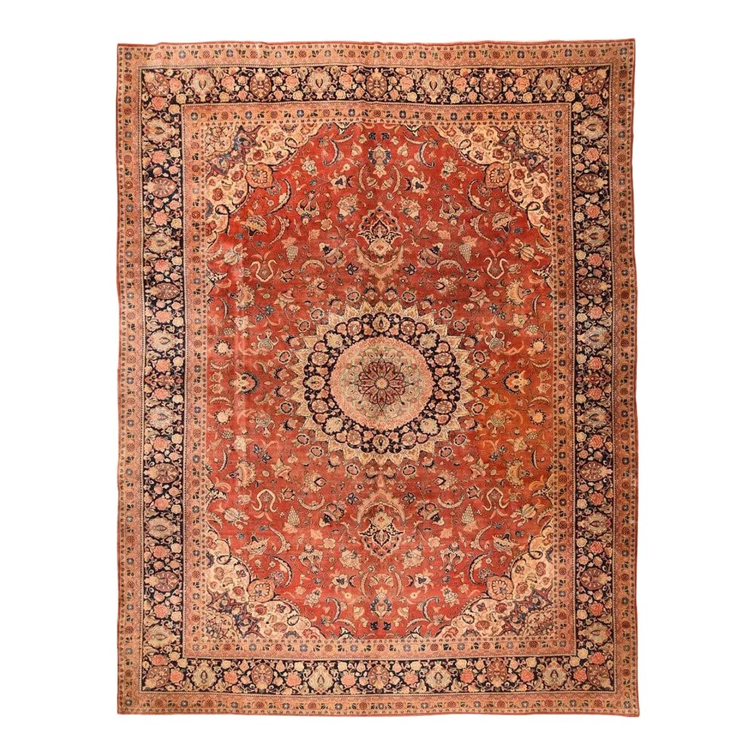 Vintage Sarouk Rug 10'0'' X 13'0'': Although recent, this handsome west Persian village carpet shows antique traits in the 32 point, round nested near black medallion with palmette pendants; the warm red field with leaves, palmettes and