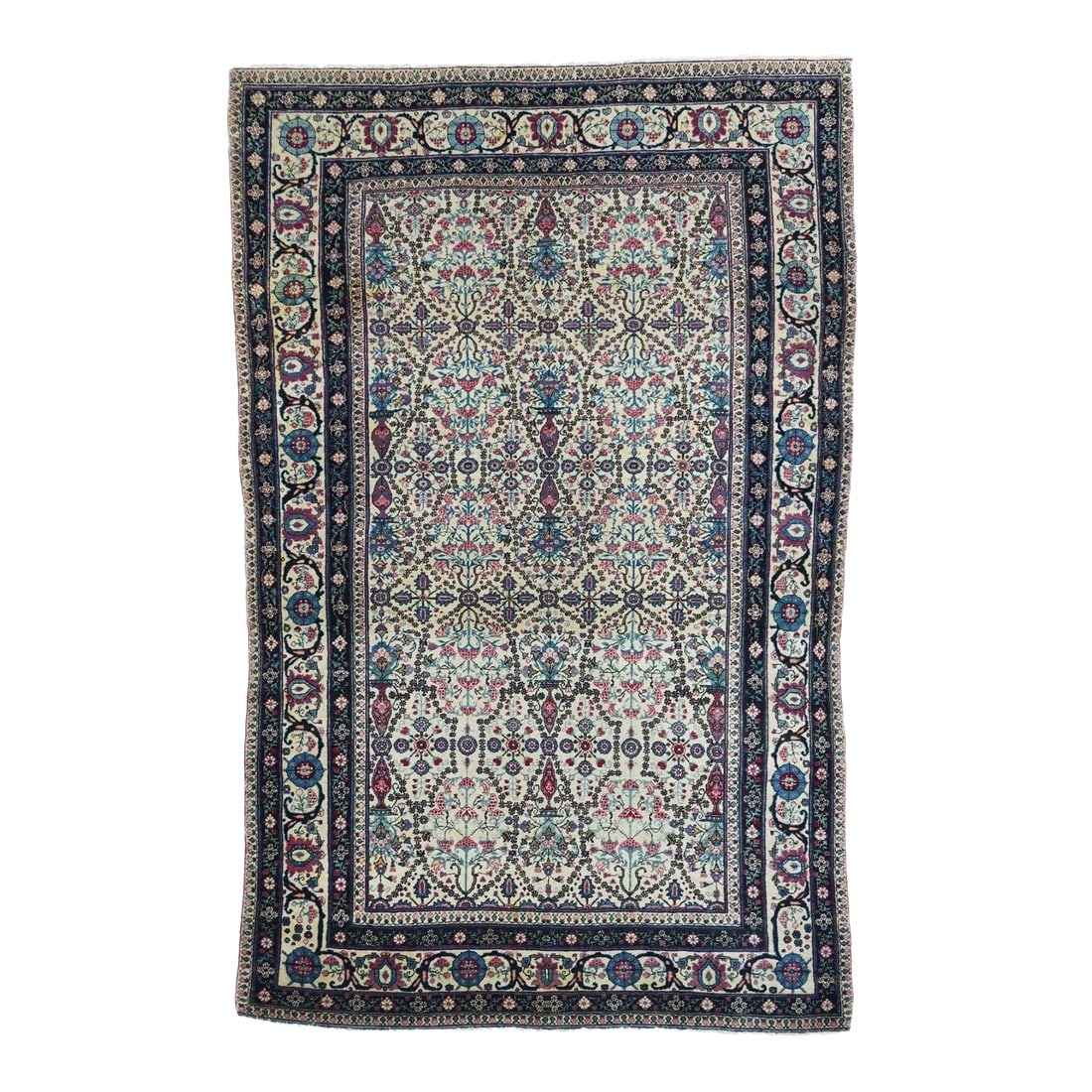 Late 18th Century Antique Persian Tehran Rug 4'3'' x 6'9'': While most interwar Tehran scatters are medallion-types, this ecru field piece shows a precisely drawn pattern of two by two and a half "dumb bells" defined by irregular, arabesque latticework, and cr