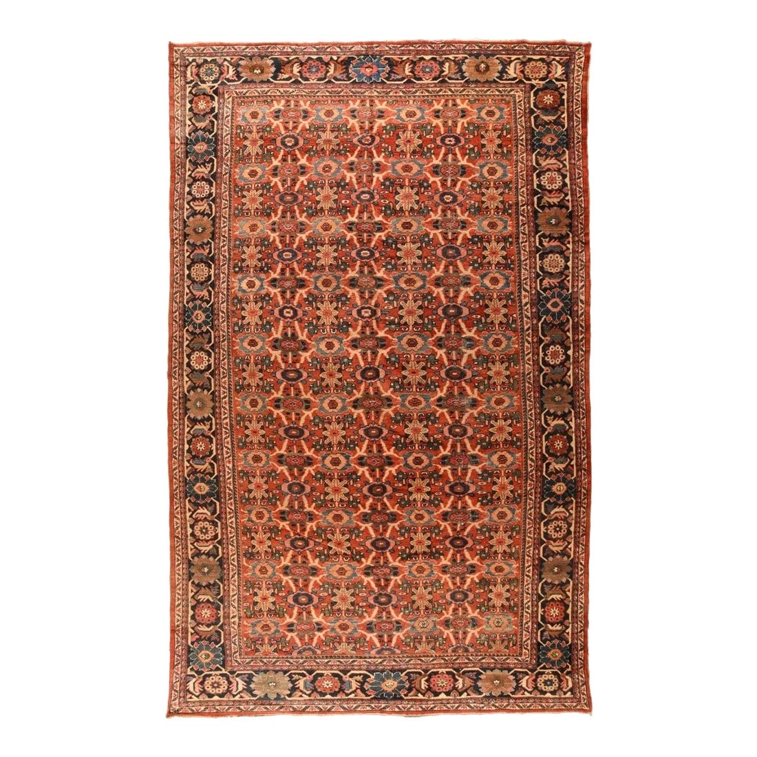 Antique Mahal Rug 10'6'' x 17'8'': This soft red madder ground West Persian village large carpet shows an allover rendition of the popular Mina Khani rosette lattice trellis with cream circles, straw rosettes, and green and teal detail