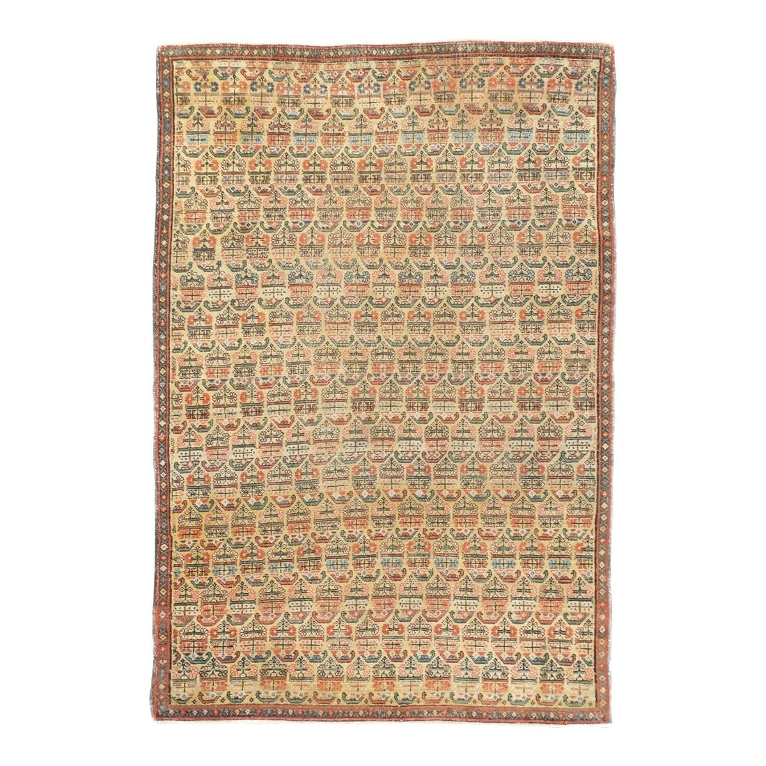 Late 18th Century Antique Persian Farahan Rug 3'3'' x 4'9'': This west Persian Farahan village scatter shows a sandy straw field with closely set reversing rows of floriated botehs in half-drop array. Clearly this is a textile originated design. Very slender