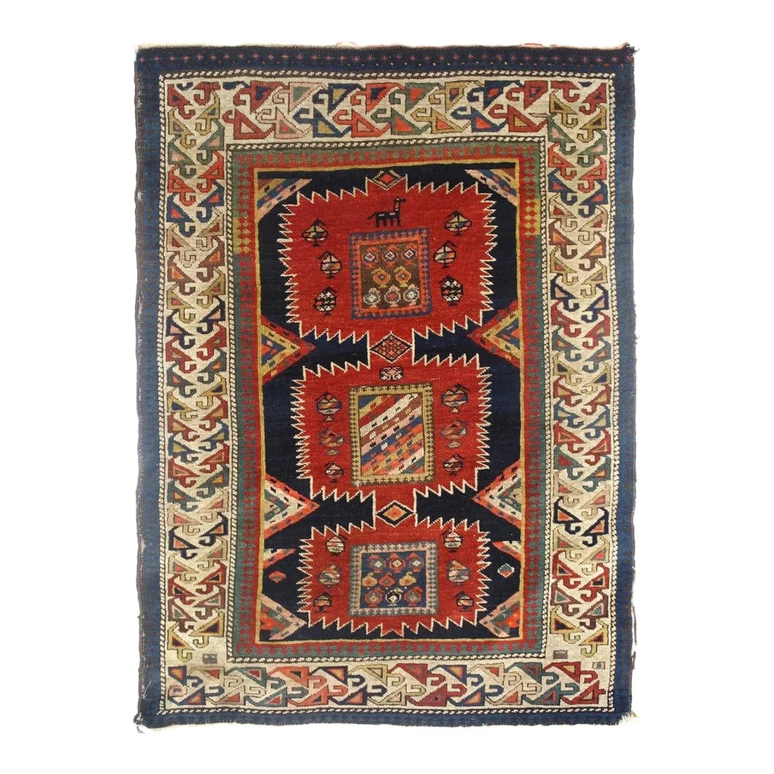 Antique Shirvan Rug 3'5'' x 4'7'': In a highly modified Karagashli "sunburst" design of a red pole medallion with three sharply serrated, unequal sized "sunbursts", each enclosing a square with either diagonal stripes or botehs.
