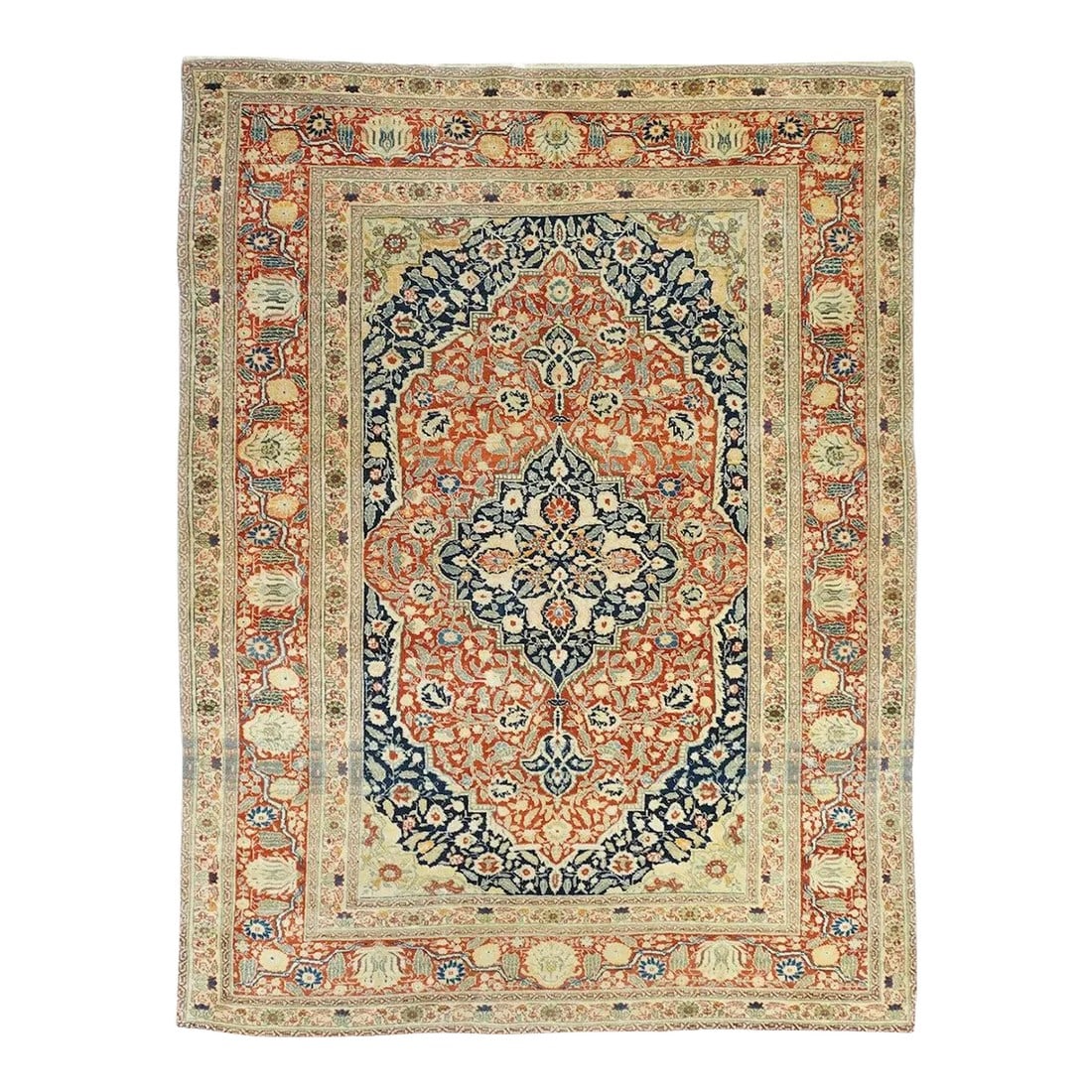 Late 18th Century Antique Tabriz Haji Jalili Rug 4'3'' x 6'2'': This "book-cover" patterned Tabriz scatter shows a red cartouche-shaped subfield centred by a stepped and scalloped navy medallion dominated by four pairs of salient split arabesques. Navy