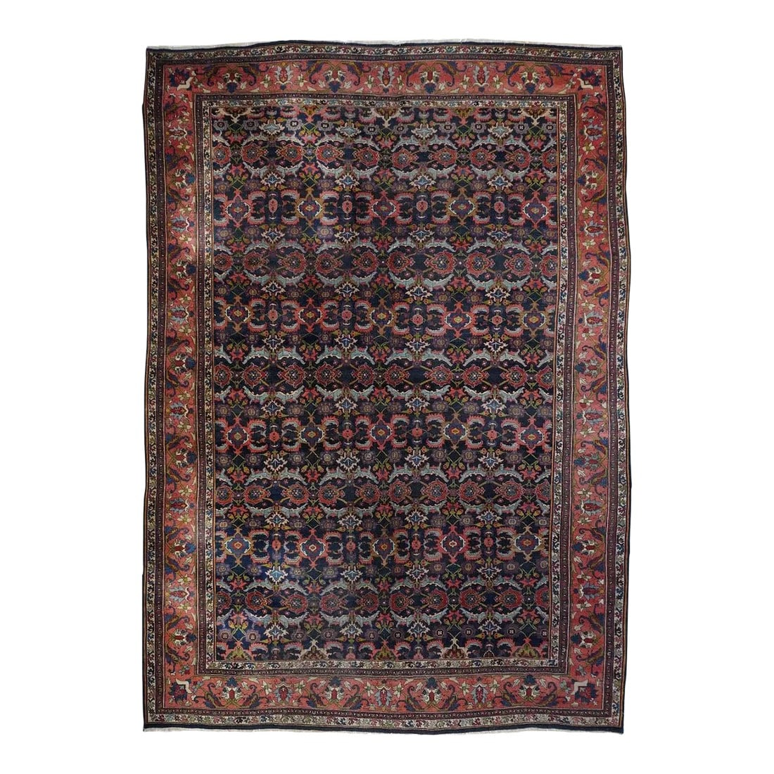 Antique Bidjar Rug 8'7'' x 12'9'': This incredibly compact and solid Kurdish town weaving pairs of rose palmettes, with jagged curled leaves and "turtle" medallions in rows between. Nearly a Herati design, but better. Rose-pink border 