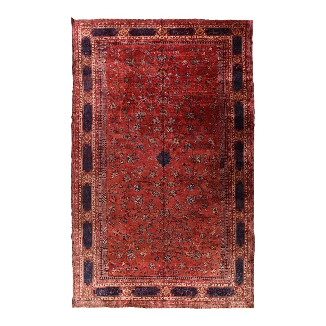 Antique Mohajeran Sarouk Rug 11'0'' x 17'10'': This quite finely woven Central Persian city carpet has a velvety pile of Manchester-spun Merino wool. The royal blue inscription cartouche and quatrefoil border frames the ruby red field with a small