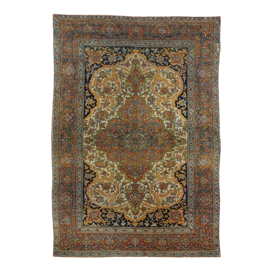 Antique Persian Tehran Rug 4'5'' X 6'10'': An attractive example of interwar production in the capital, this doubly waisted, cream field scatter shows a rust medallion with internal palmettes around an oval rosette centre. The field presents a