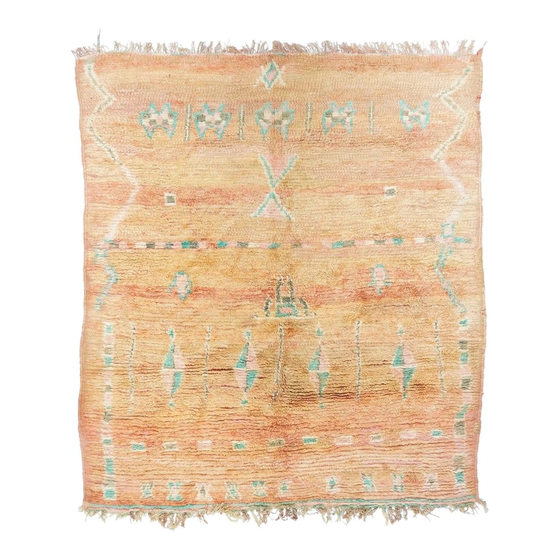 Vintage Moroccan Rug 5'11'' X 6'9'': The very thick pile, strongly abrashed burnt salmon to golden tan field shows a casual pattern of tall quartered lozenges, small squares, triangular hourglasses, bold zig zags and separated colour