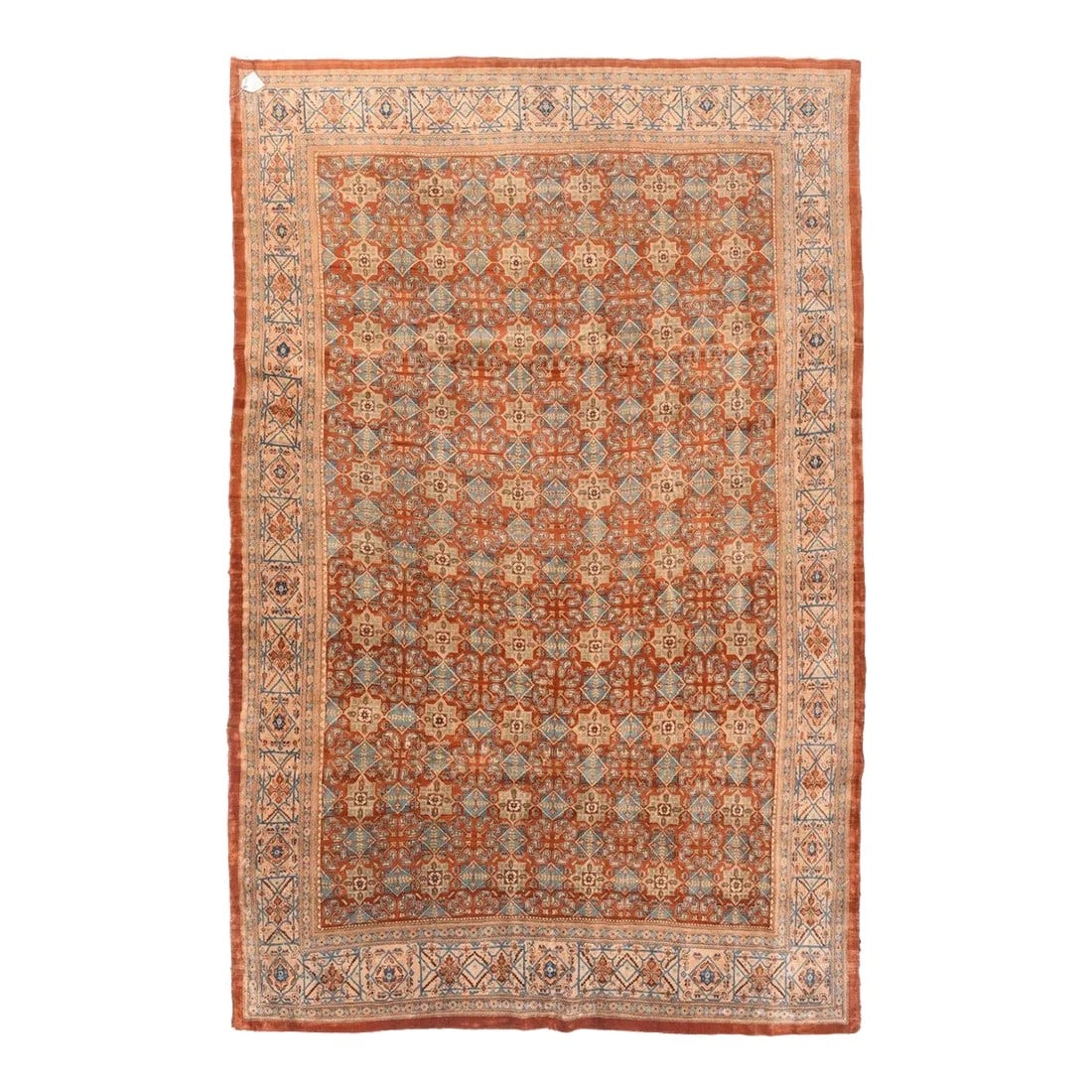 Antique Tabriz Rug 6'9'' x 10'3'': Northwestern Persia This urban carpet clearly shows a Heriz influence, with its semi-geometric drawing of a buff octofoil medallion centred by a light blue concentric sub-medallion. The ragged palette