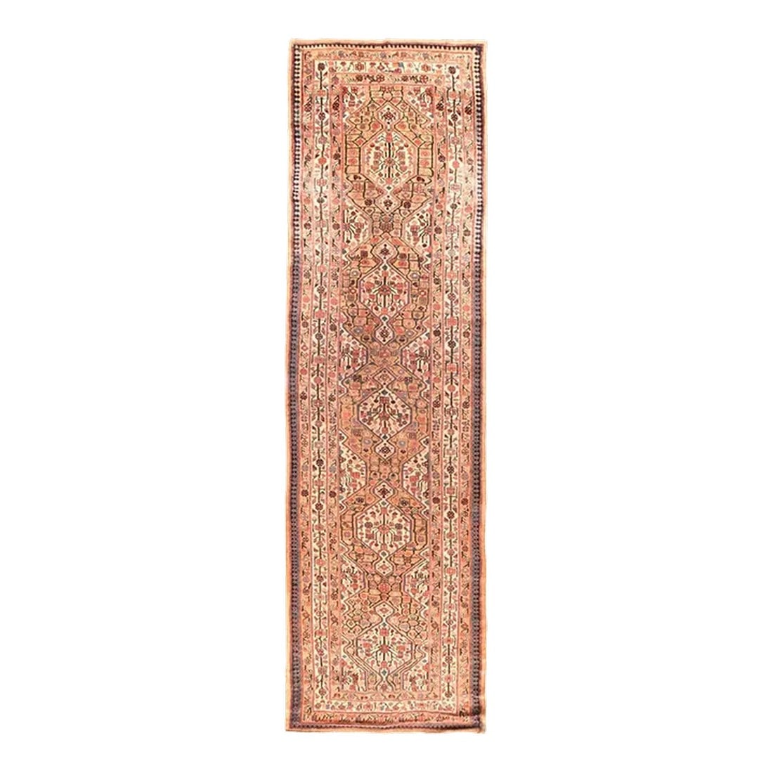 Antique Tribal Sarab Rug 3'7'' x 14'6'': The dyed camel-tone field shows five small pendanted ivory hexagonal medallions with en suite partial side and corner motives, against a vinery field division of irregular squares and polygons, with