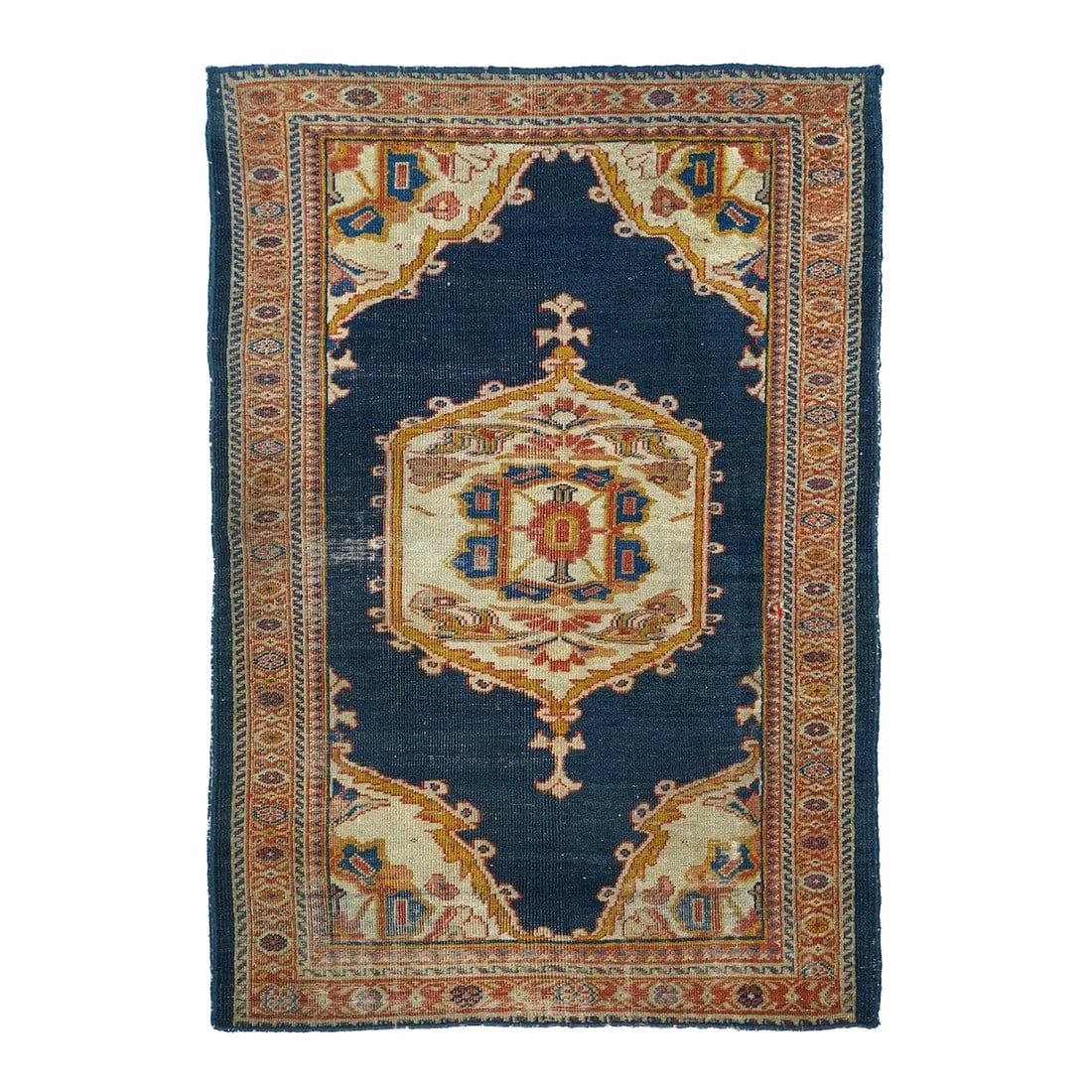 Late 18th Century Antique Zigler Sultanabad Rug 4'1'' x 6'4'': The rustic character of this west Persian, Arak Province scatter is well displayed by the lateral offset in the central soft hexagonal sand medallion, and in the variation among the semi-en suite
