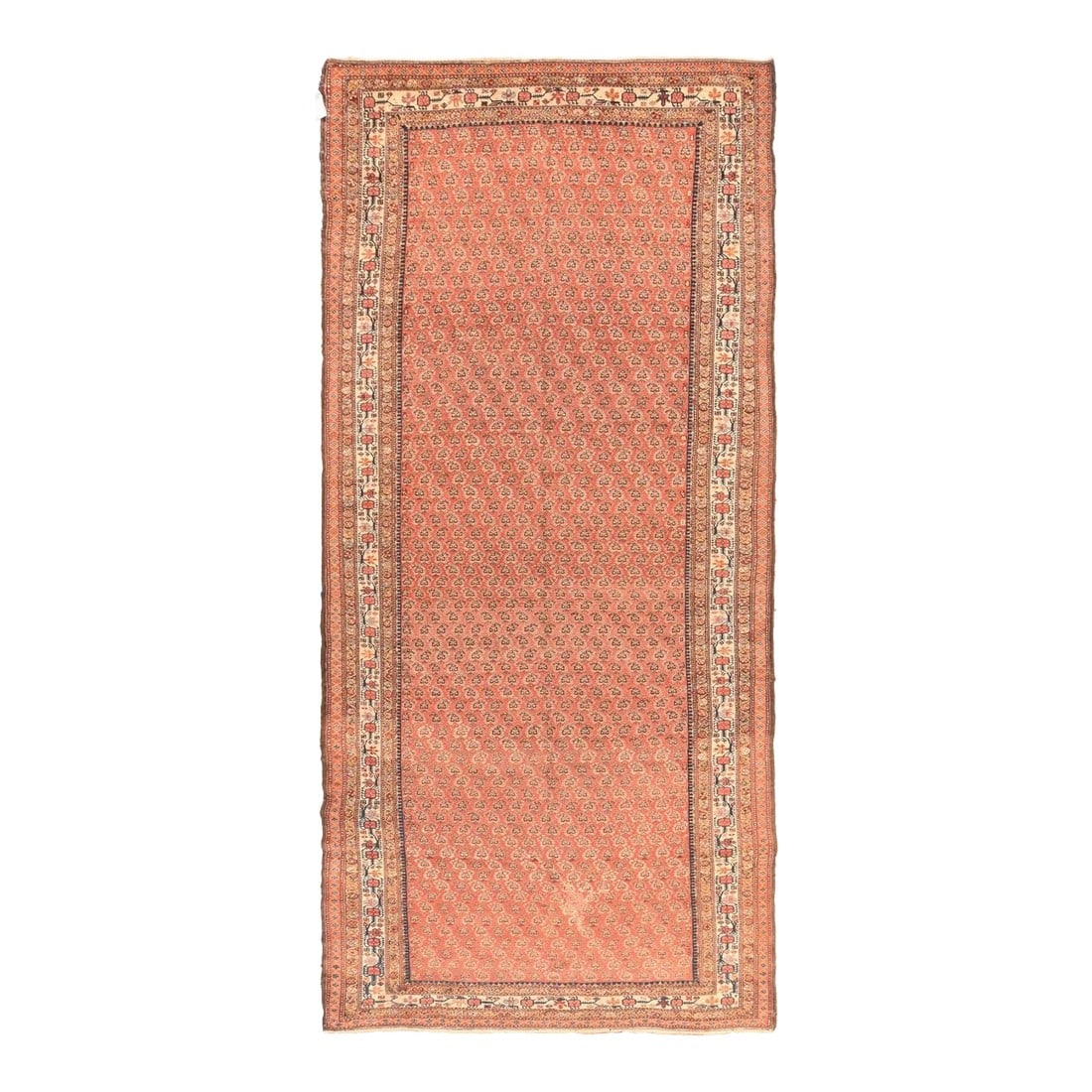 Antique Malayer Rug 5'11'' x 13'4'': In a characteristic, elongated west Persian Malayer format, the abrashed mellow madder rust field shows a row-by-row reversing floriated squat boteh pattern forming color diagonals in a light/dark ove