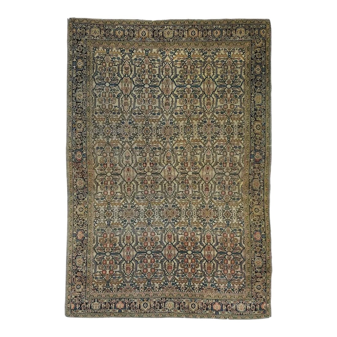 Late 18th Century Antique Farahan Sarouk Rug 4'3'' x 6'7'': This well-woven rustic west Persian scatter shows a semi-urban allover textile pattern of open lozenges, strongly serrated leaves, radiating flower groups and arabesques defining reserves. Green, navy