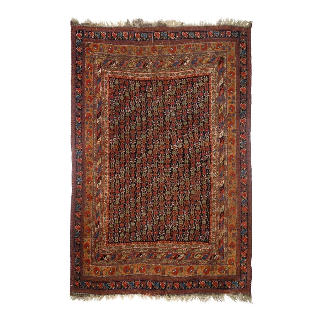 Antique Afshar Rug 3'11'' x 5'8'': A characteristic weaving from the Rafsanjani subtribe, with a near black field decorated closely by color diagonals of little stars. Equally characteristic burnt apricot main border of meander, round