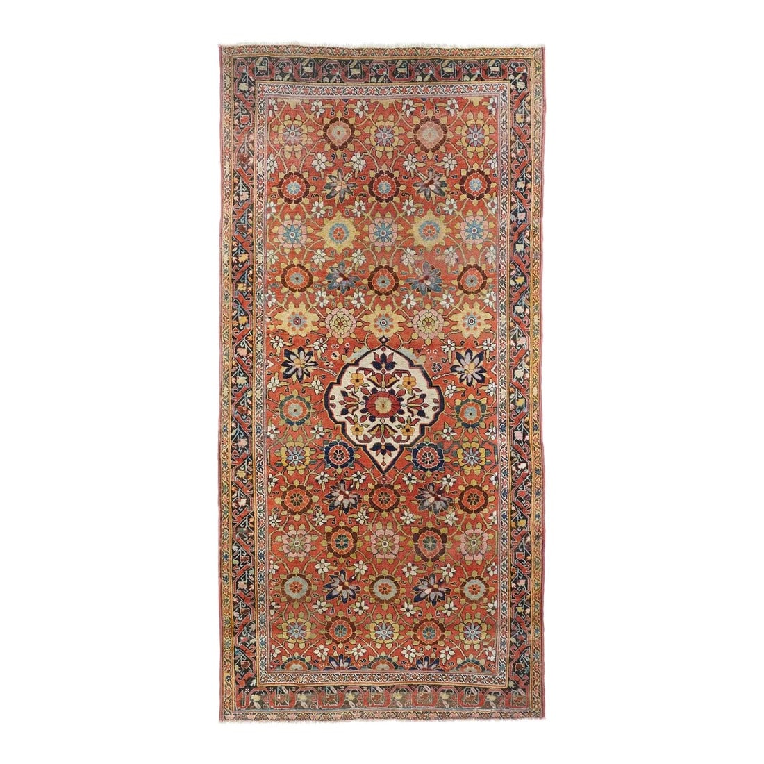 Late 18th Century Antique Bidjar Rug 5'0'' x 10'7'': The warm madder rust/red field displays a Mina Khani type rosette lattice, on which is set an ivory lobate elliptical medallion with a rosette centre. Navy, pale blue, goldenrod and ecru accents. Navy