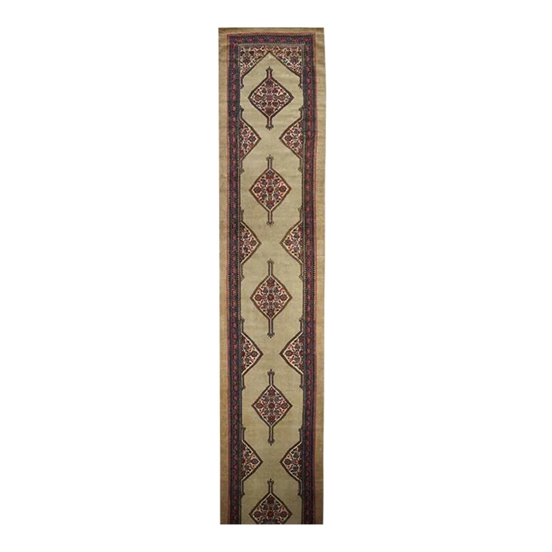 Antique Sarab Runner 3'7'' x 19'4'': The milky camel-tone open small-patterned field displays five full ecru lozenge Herati medallions with en suite half and quarter side and corner fillers. Inner red reversing fan palmette border and ou